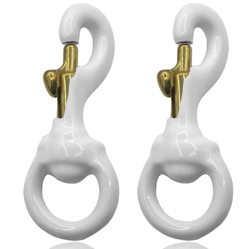 Huouo 1 Pair 3 Inch White Rubber Coated Brass Swivel Snap Clips - Heavy Duty Flag Pole Halyard Rope Attachment Hooks Accessory, Coated for Reduce Noise - Image 1